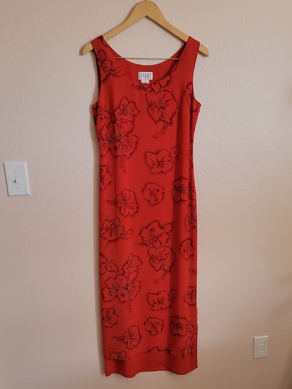 Vintage Orange Black Tropical Hawaiian Floral Maxi Dress Vacation Lightweight